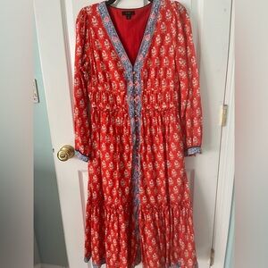 J. Crew Red Long Sleeve V-Neck Sundress